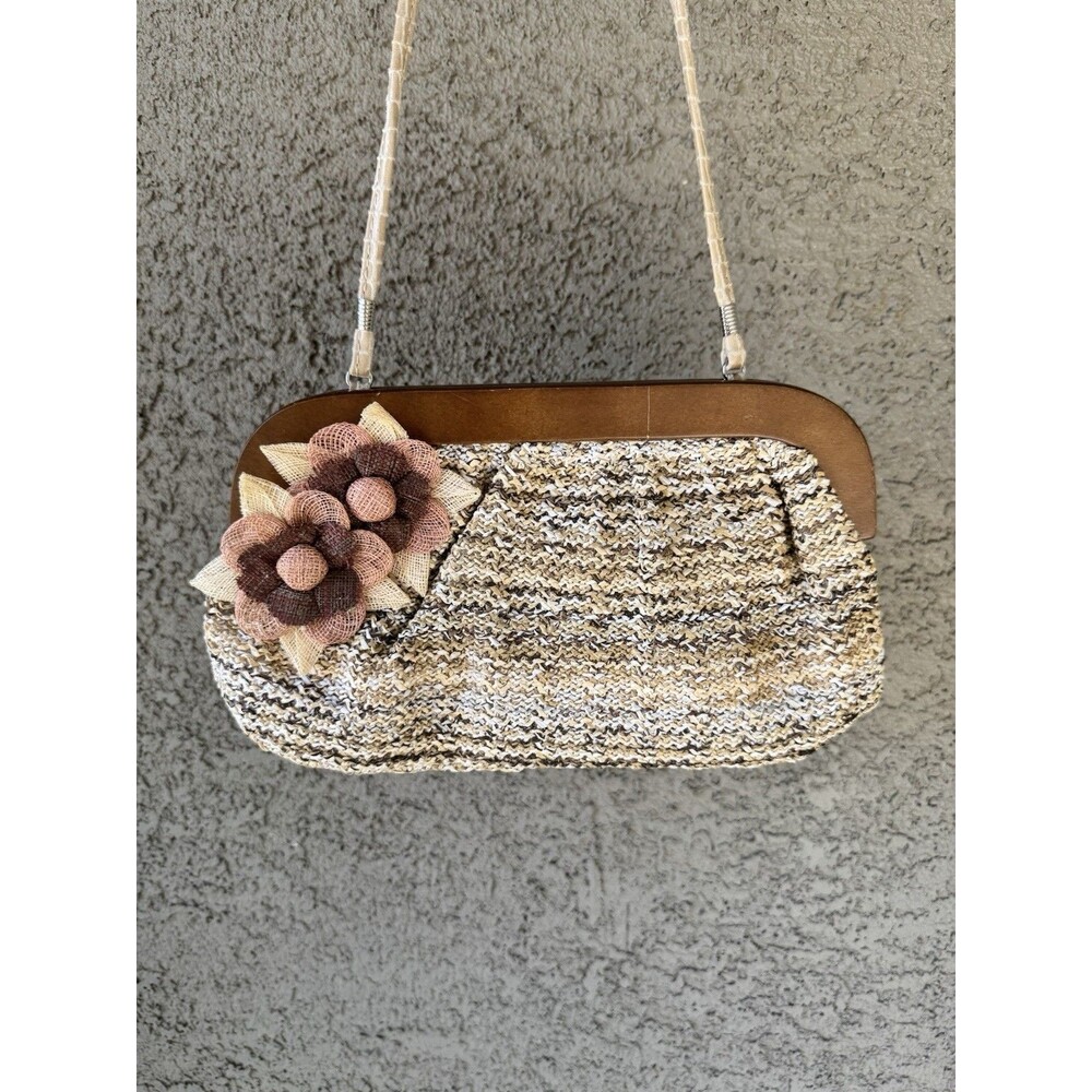 Sandra Robert’s Squared Raffia Weave Wooden Framed Clutch Boho Earthy Beige
